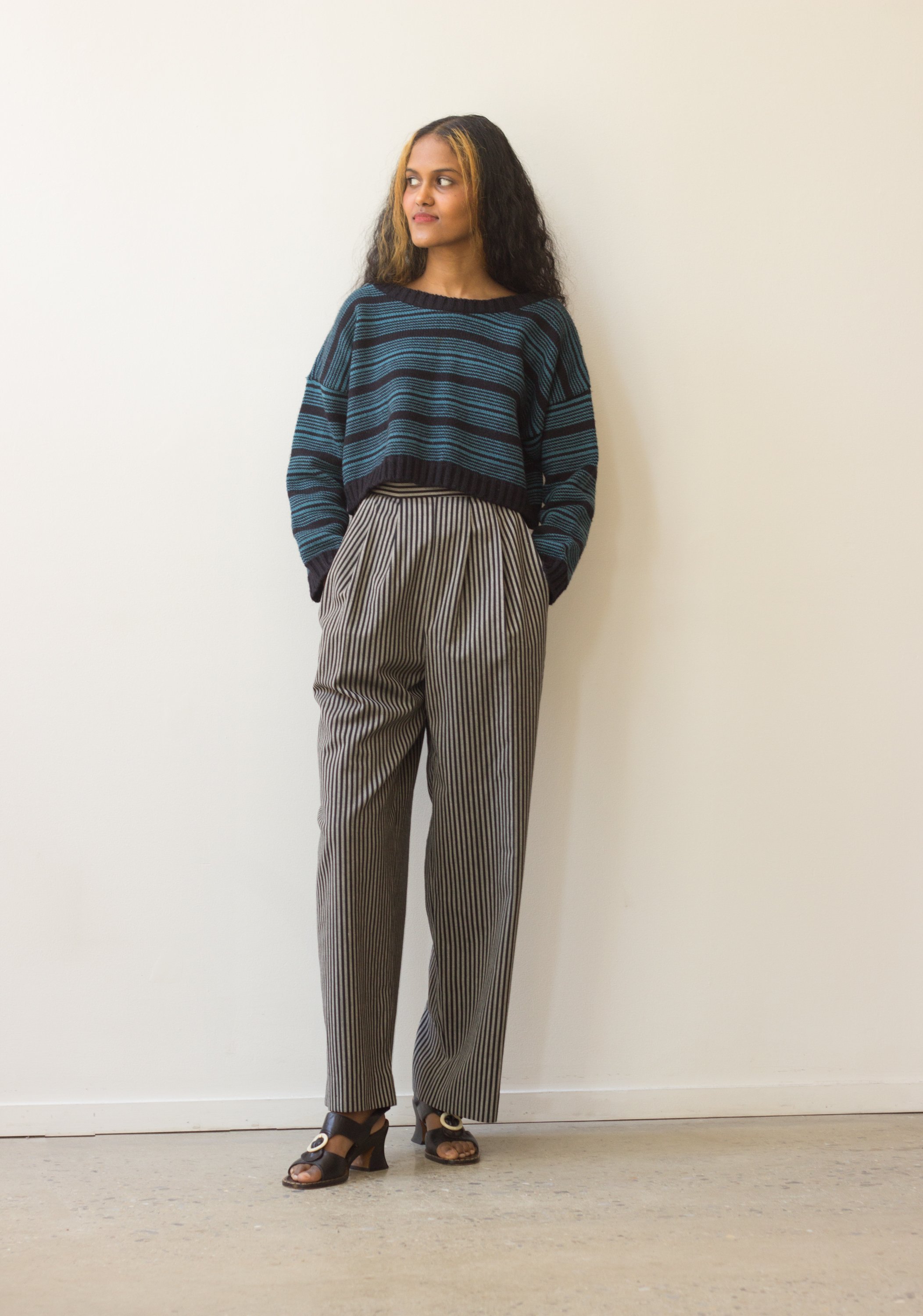 1980s Cathy Hardwick Striped Wool Wide Leg Trousers — Wayward
